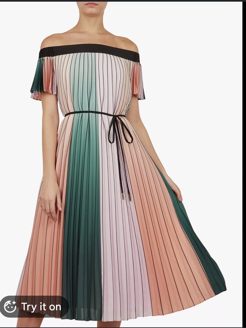 Ted Baker London One-Shoulder Pleated Midi Dress in Pink, Green & Cream